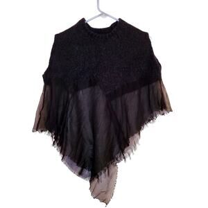 Izzue womens black wool and chiffon distressed modern goth poncho sweater XS